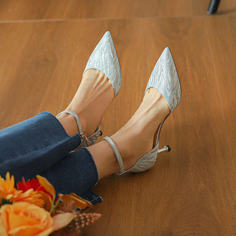 Nude 31-44 Size Glitter High Heels Sandals Hollow Shoes Pointed Toe Shallow Mouth Stiletto