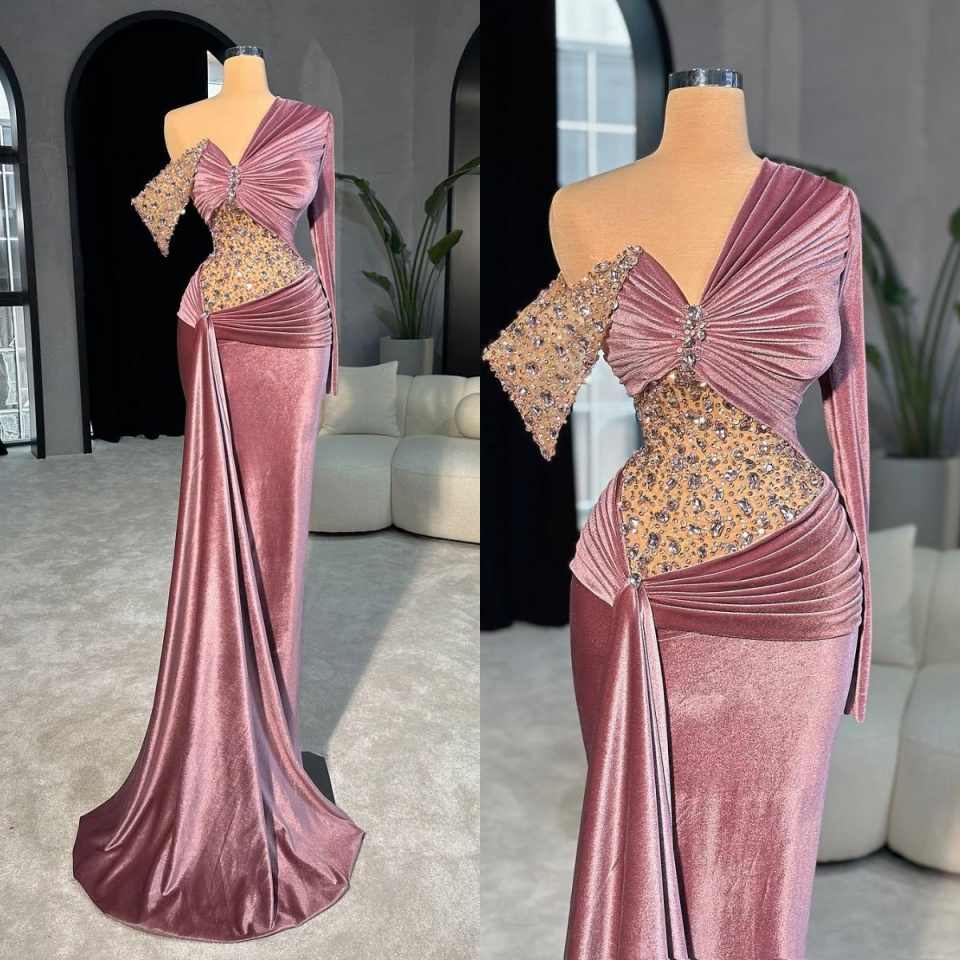 Modern Mermaid Evening Dress One Shoulder Long Sleeve Prom Gowns Sheath Crystal Beaded Floor Length Party Dresses Customized
