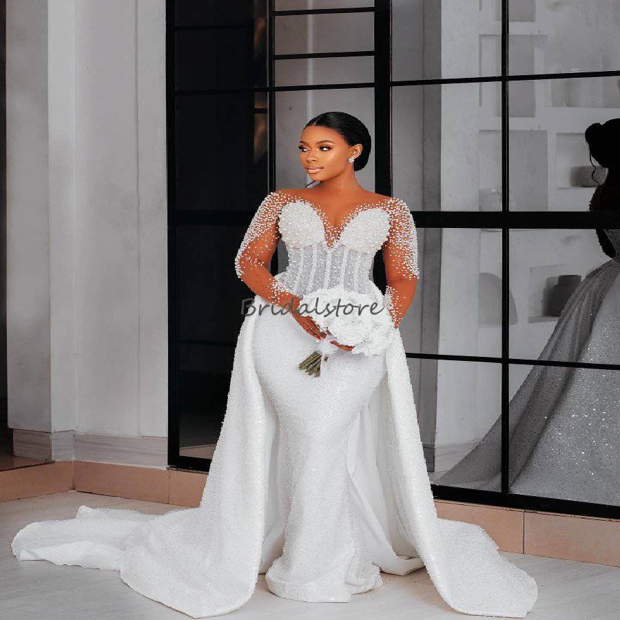 Luxury Sequin Wedding Dress With Detachable Train Long Sleeve Mermaid Princess Pearls Castle Bridal Gowns African Country Bride Dress 2026 Vestio De N