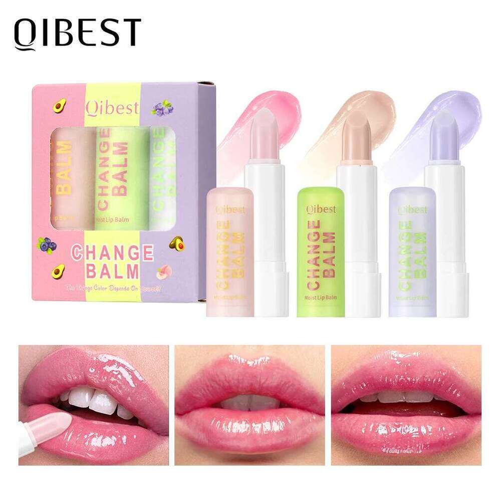 QIBEST 3pcs Color Changing Balm Kits Moisturizing Colorless Pink Orang Tinted Lipstick Lasting Stain Nourishing Lip Care 25H1226
