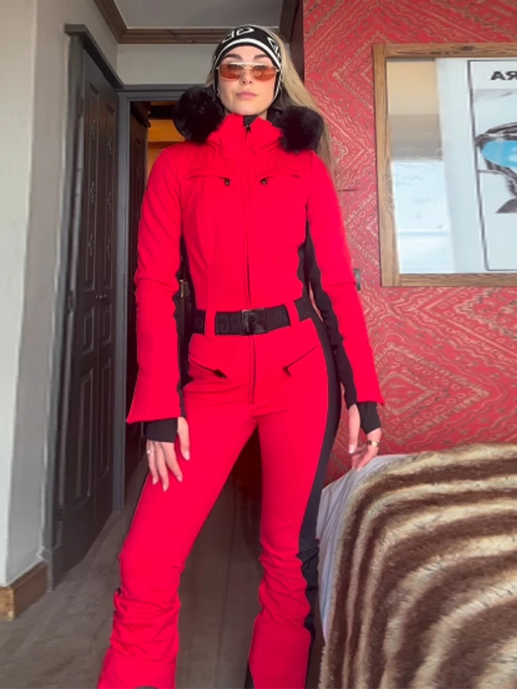 Casual FurTrimmed Hooded Ski Suit Women Fashion Belted Slim Full Sleeve Warm Jumpsuits Female Winter Snow Bodysuit Lady 251225