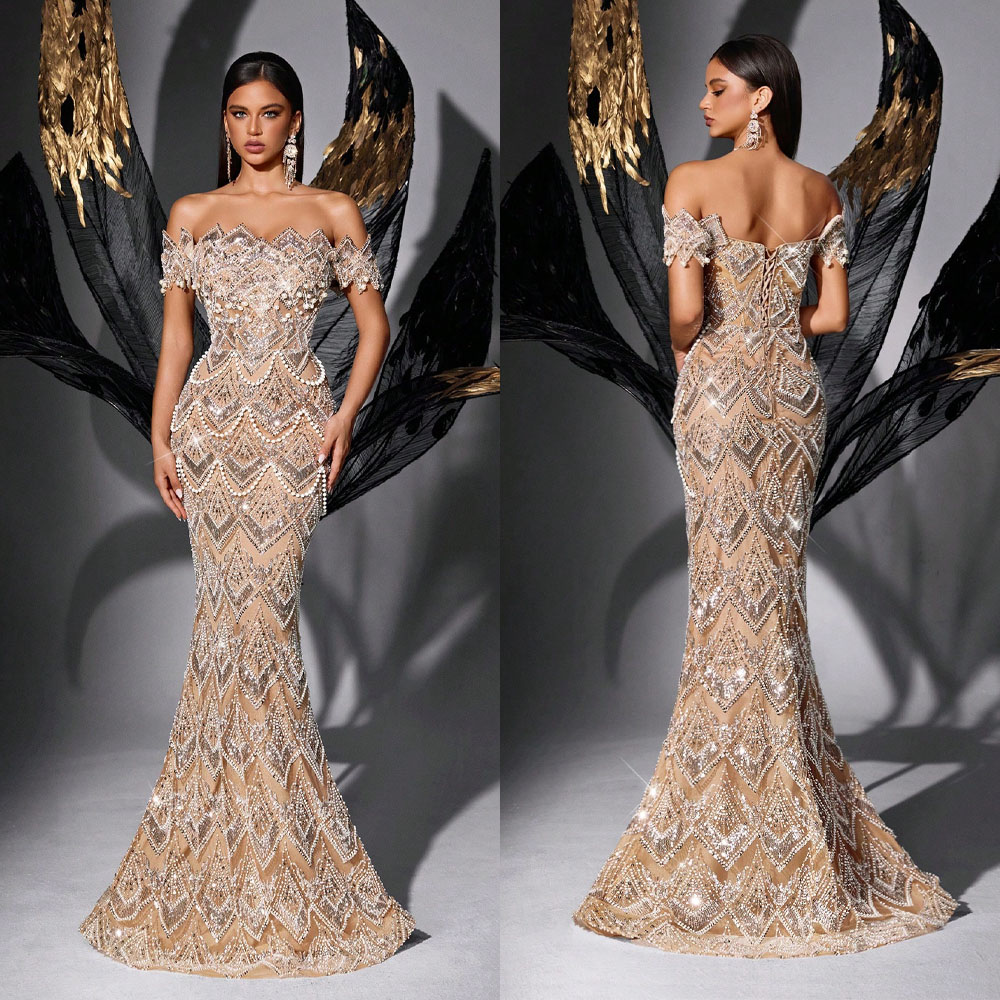 Fashion Off Shoulder Evening Dresses Sequins Beading Pearls Prom Dress Backless Customized Mermaid Party Gowns Vestidos De Noche Plus Size