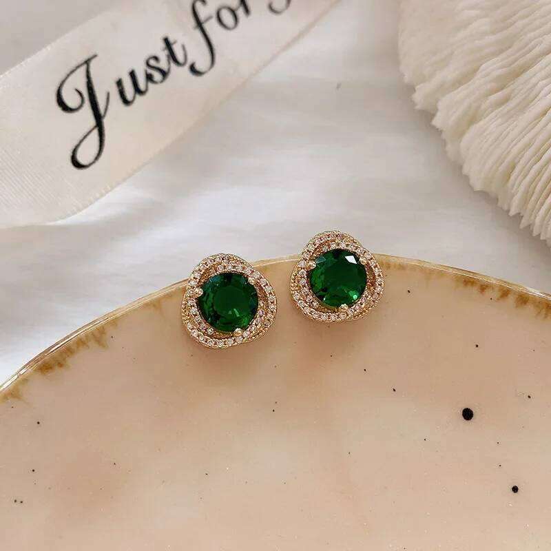Vintage Emerald Green Rhinestone Women Inlaid Crystal Stud Earrings For Bridal Wedding Ear Jewelry Gifts 25H1226