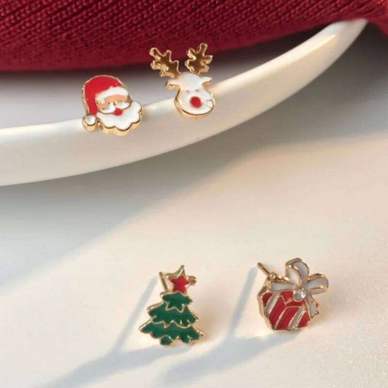 4 Pcs/Set Cute Enamel Christmas for Women Small Elk Bell Xmas Tree Stud Earrings New Year Festival Party Jewelry Gifts 25H1226