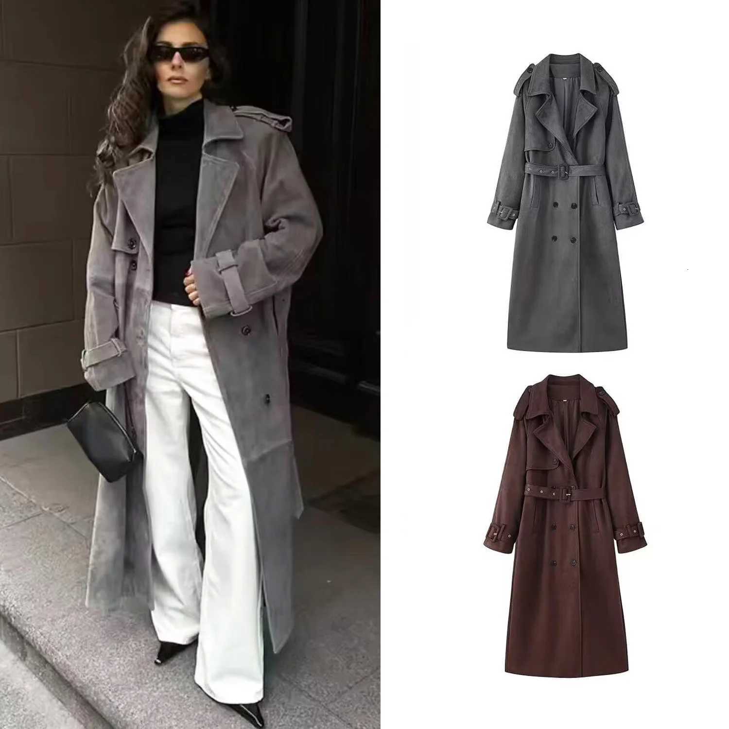 Women Retro Solid Suede Long Trench Coat With Belt Lapel Double-Breasted Jacket Pockets 2025 Autumn Winter New Lady OutwearT251226