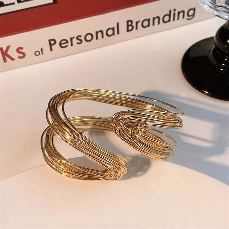 Vintage Gold Color Multi-Layer Opening Wide Cuff for Women Exaggerated Metal Lines Wrist Bracelet Party Jewelry Gift 25T1226