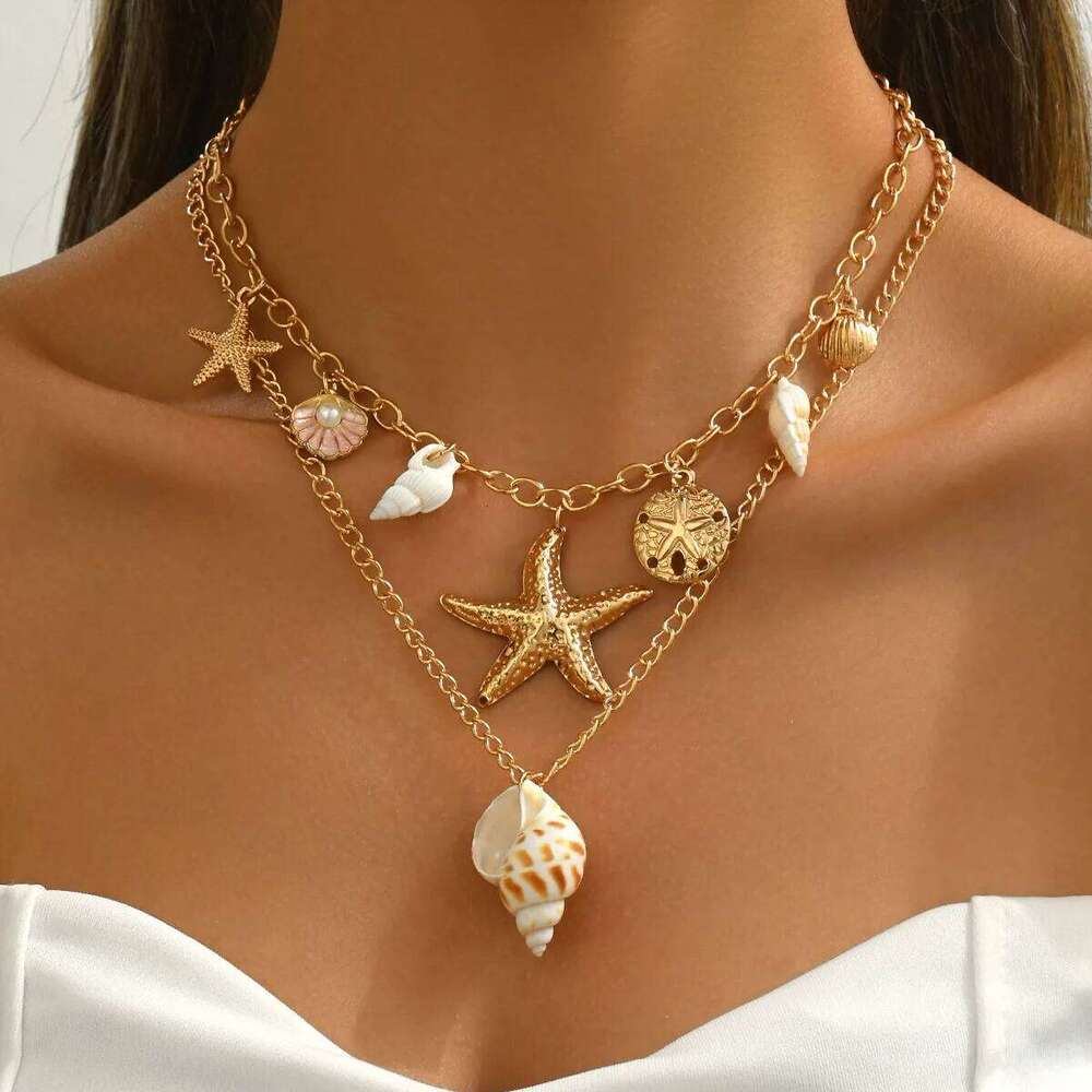 MHS.SUN Summer Shell Starfish Conch Pendant Necklace for Women Bohemian Metal Gold Color Chic Beach Jewelry Vacation Party Gift 25N1226