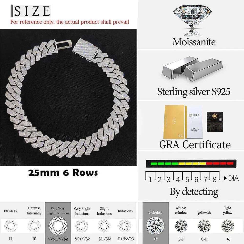 25MM Hip Hop Jewelry Iced Out 925 Sterling Silver VVS Necklace Inlaid 6 Rows Moissanite Diamond Miami Cuban Link Chain For Men
