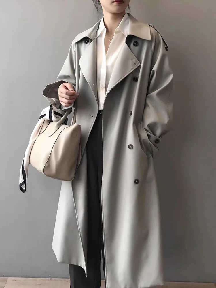 Korean Chic Double Breasted Long Trench Coats Women Streetwear Loose Gabardina Jackets With Belt Spring Fall Long Sleeve AbrigosT251226