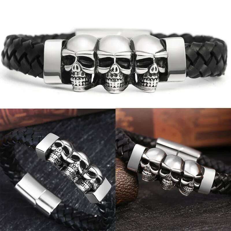Hyperbole Jewelry Black Braided Leather Stainless Steel Leahter Cool Skull Bracelets Men Bracelet 25T1226