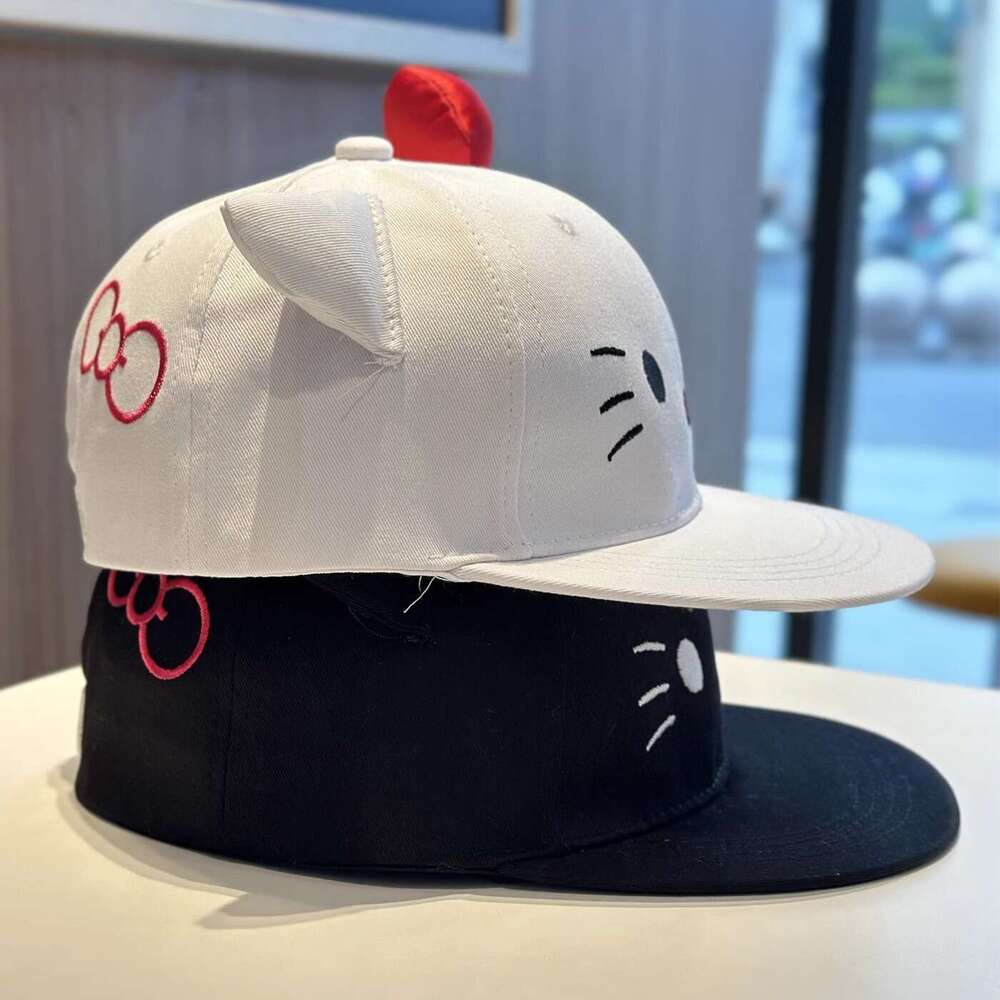 Women Baseball Cap Cute Kitty Cat Embroidered Bow Flat Brim for Protection Summer Cartoon Versatile Sunshade Sun