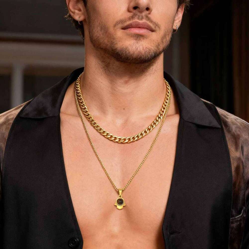 Trendy Horn Necklace for Men Boys,Gold Color Stainless Steel Tiger Eye Stone Layered Necklace,Dainty Male Jewelry Set Gift 25N1226