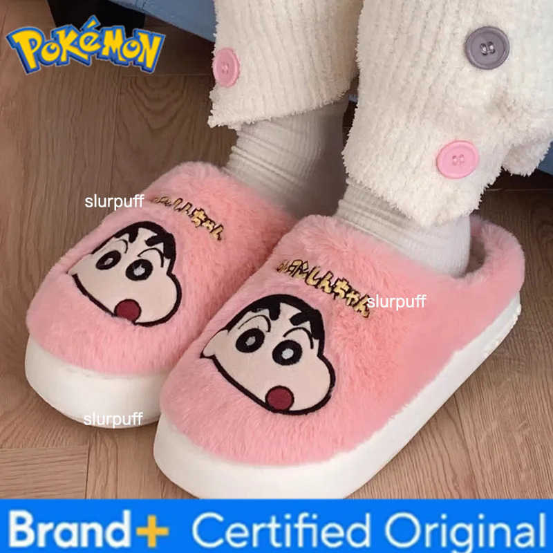 Pokemon Household warm non-slip cute cartoon furry shoes Pikachu Eevee Crayon Shin-chan winter cotton slippers for men and women W251226