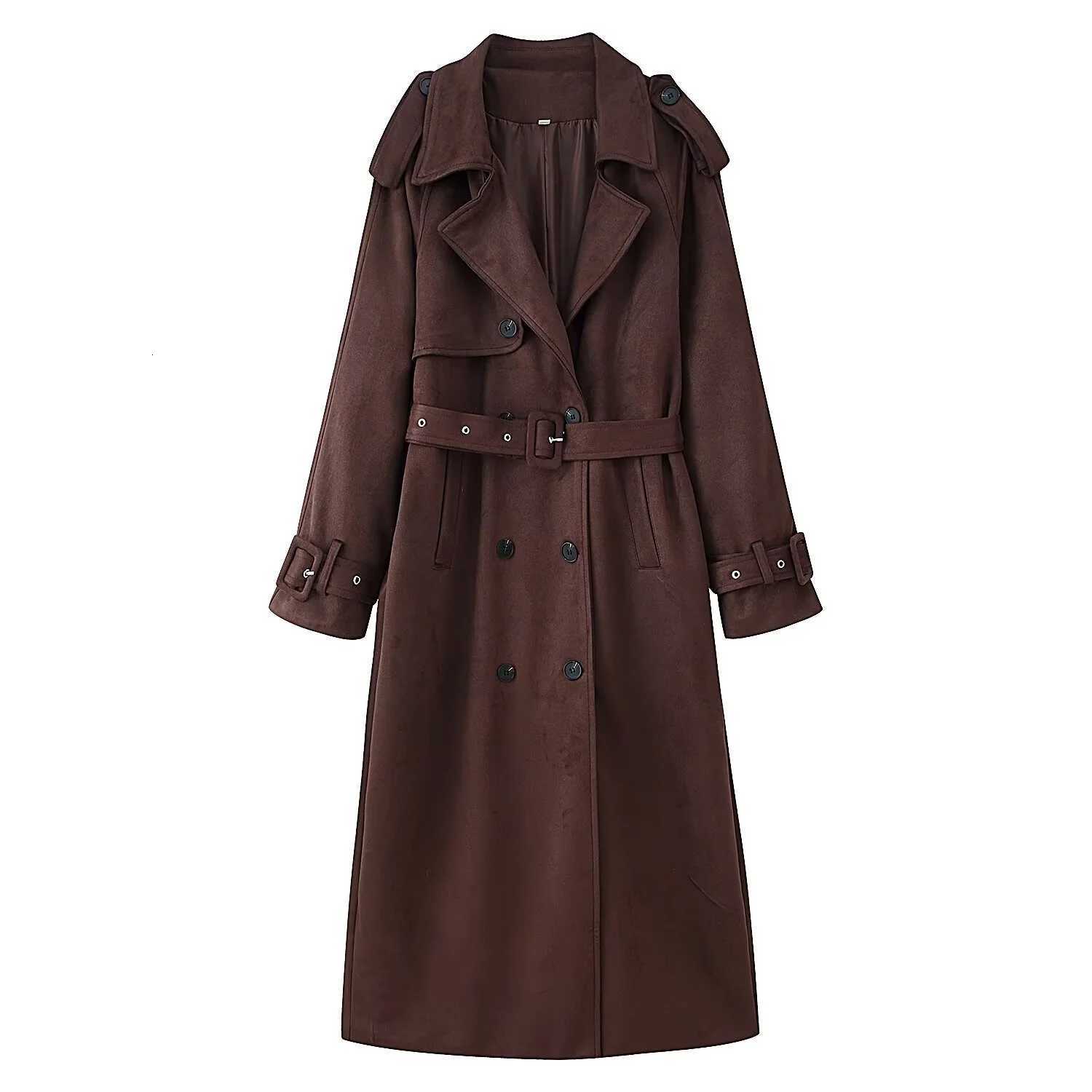 Women Retro Solid Suede Long Trench Coat With Belt Lapel Double-Breasted Jacket Pockets 2025 Autumn Winter New Lady OutwearT251226