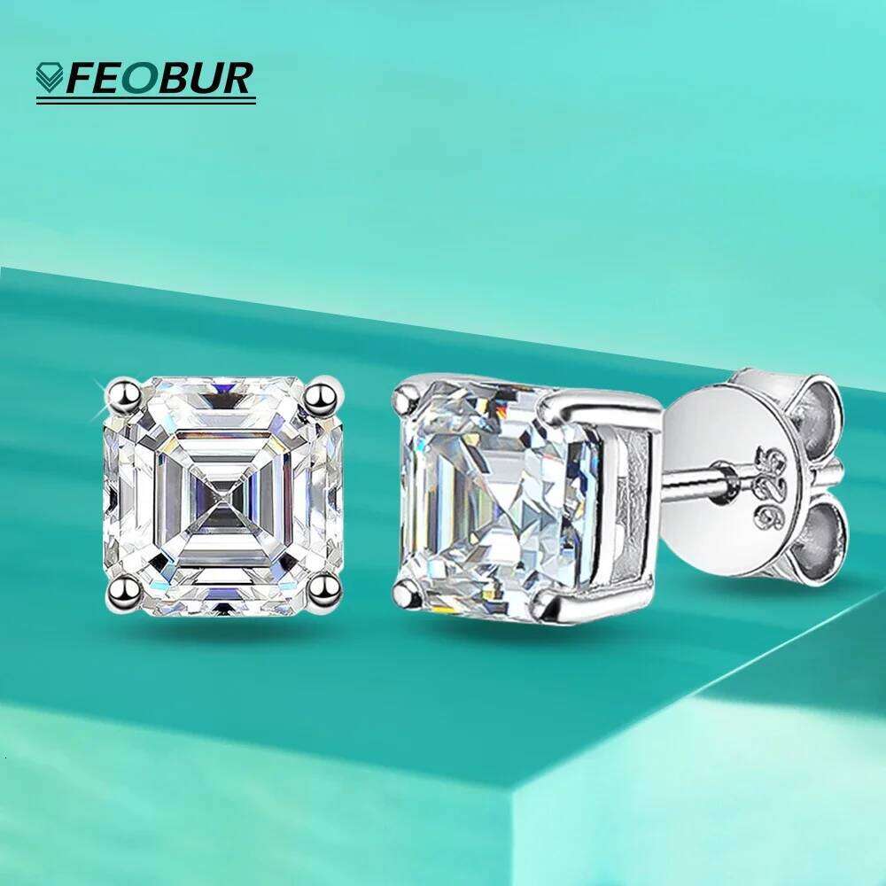 FEOBUR 2CT Asscher Cut Moissanite Stud Earrings for Women Men 925 Sterling Silver Sparkling Lab Diamond Ear Studs Anti-allergy 25H1226