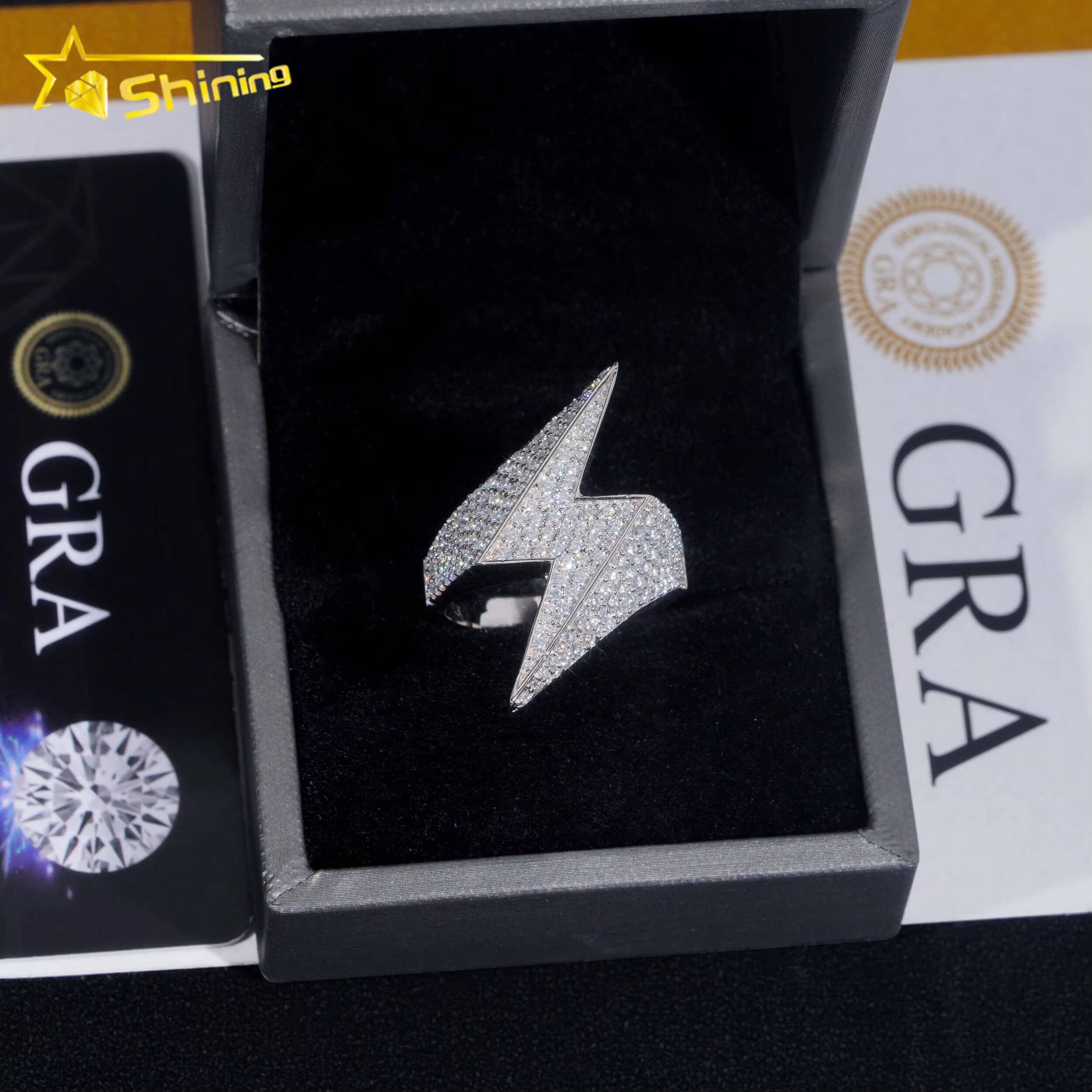 Fine Jewelry Fast Shipping GRA Moissanite 925 Silver Iced Out Hip Hop Lighting Symbol Mens Rings