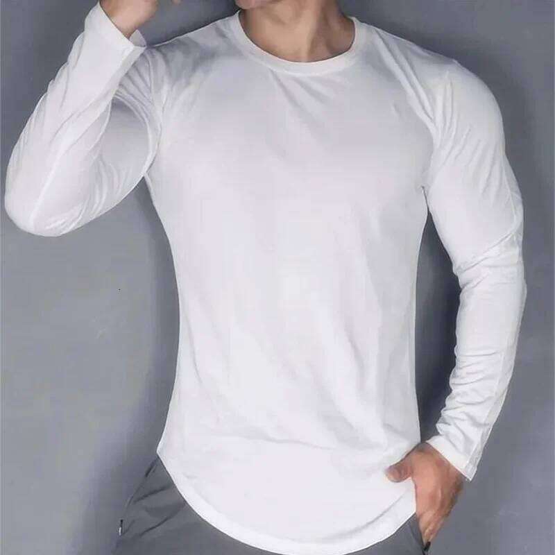 Men's Autumn Winter Running, Fitness White Sports And Leisure Style Long Sleeved Slim Base T-Shirt