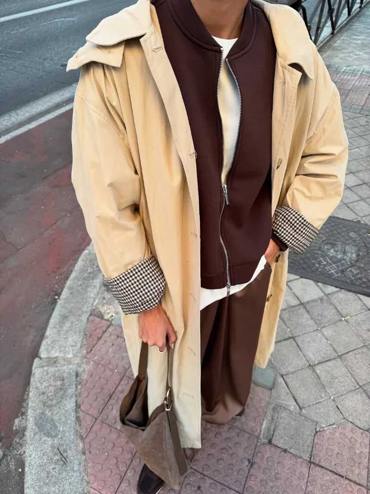 Women Solid Lapel Trench Coat Plaid Lining Single Breasted Full Sleeve Loose Coats Lady 2025 Autum Commute High Street OutwearT251226