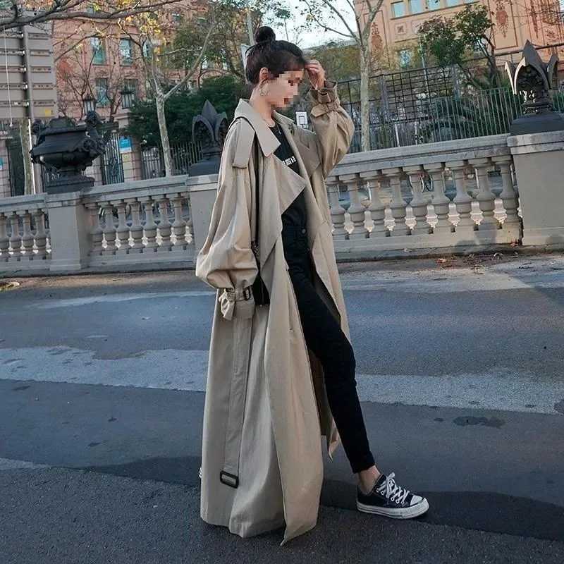 Super Long Trench Coat Womens Ankle Autumn New Korean Version Loose Medium and Long Knee High CoatT251226