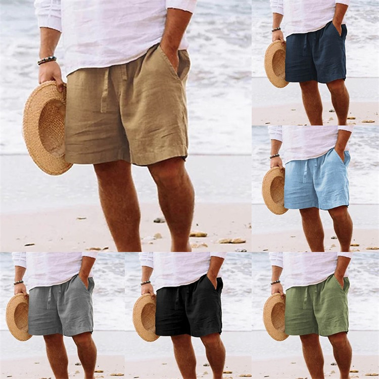 Summer Mens Linen Solid Color Short Lightweight Gym Pants Cotton Beach Shorts Men Fitness Sport Large Breathable Homme Short