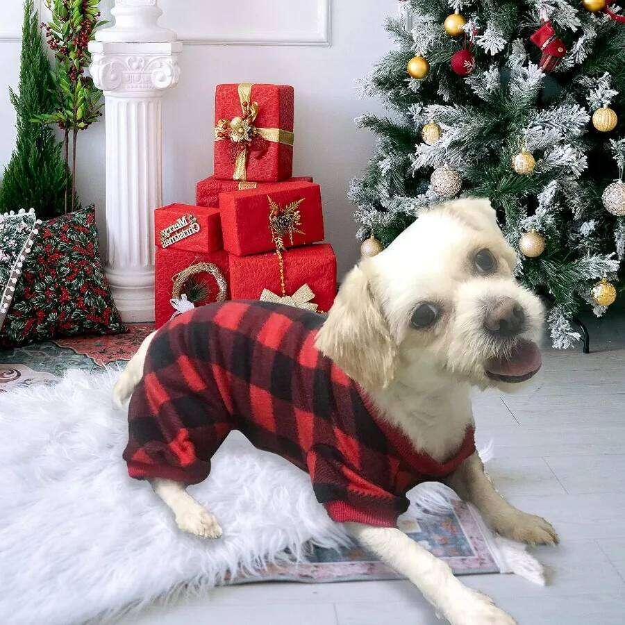 Pet Christmas Pajamas Red Black Buffalo Plaid Jumpsuit Dog Cat Soft Winter Clothes Puppy Doggie Checkered Sweater Apparel M 25T1226