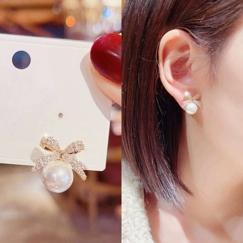 1par Micro Set Zircon Bow Pearl Pendant Earrings 2025 New Design Jewelry For Womens and Girls Fashion Ear Accessories 25H1226