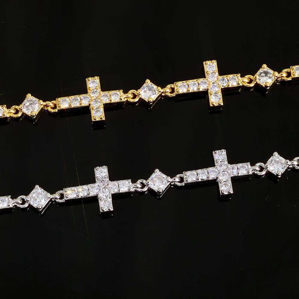 jewelry Luxury Gold Plated 5MM Iced Out Chain Bracelet Elastic Clasp Small Cross Design Bling Zircon Stones Fine Jewelry