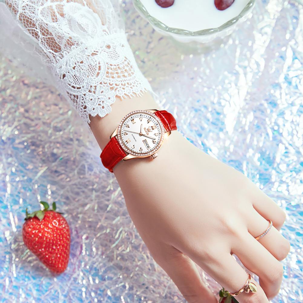 OLEVS Light luxury, elegant, high-end, diamond studded, romantic, dual calendar, fully automatic mechanical watch, leather waterproof women's wat
