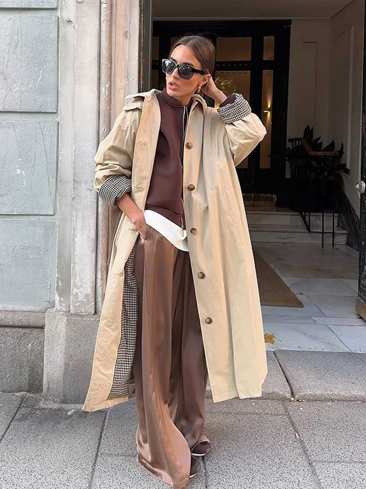 Women Solid Lapel Trench Coat Plaid Lining Single Breasted Full Sleeve Loose Coats Lady 2025 Autum Commute High Street OutwearT251226