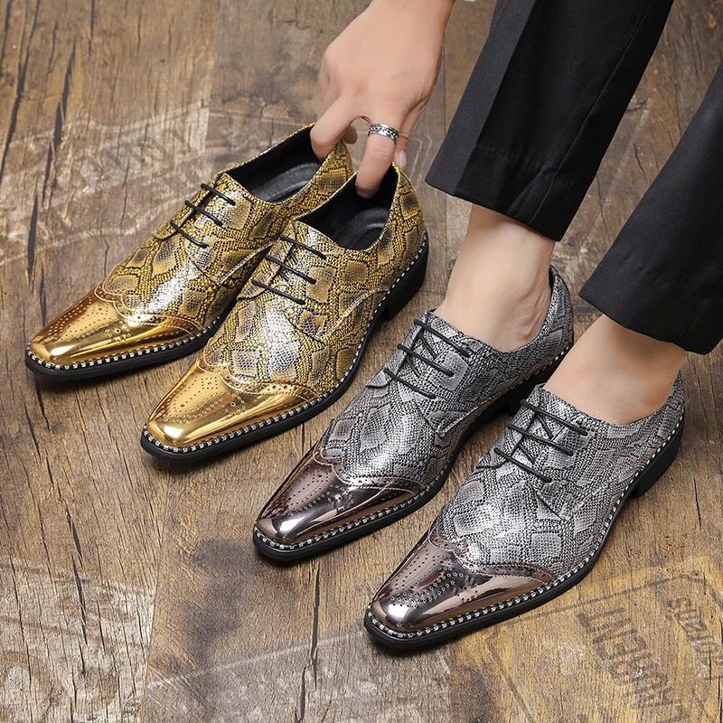 Fashionable Block Shoes Men Pointed Silver Gold Flower Lace Up Business Classic Printed Formal Shoes Men Shoes Size 38-46 251225