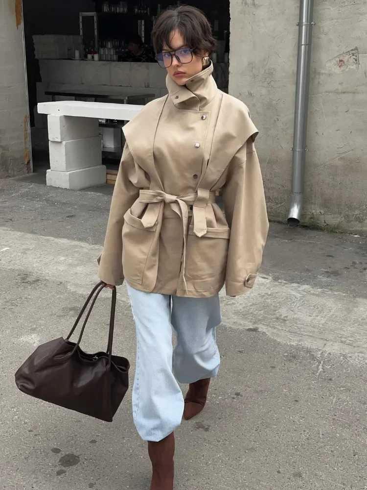 Women Waist Cinching Windbreaker Fashion Solid High Neck Buttons Long Sleeve Single-breasted Coats 2025 Lady Street Solid JacketT251226