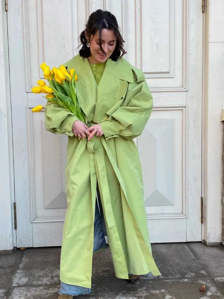 Green Oversized Lapel Trench Coat Women Fashion Long Sleeve Belted Loose Fit Lapel Jackets 2025 Lady Luxury Street OuterwearsT251226