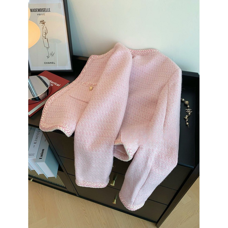Elegant Tweed Jacket Women Sweet Cropped Pink Coat Winter Korean Single Breasted Blazer Ladies Vintage Short Outerwear