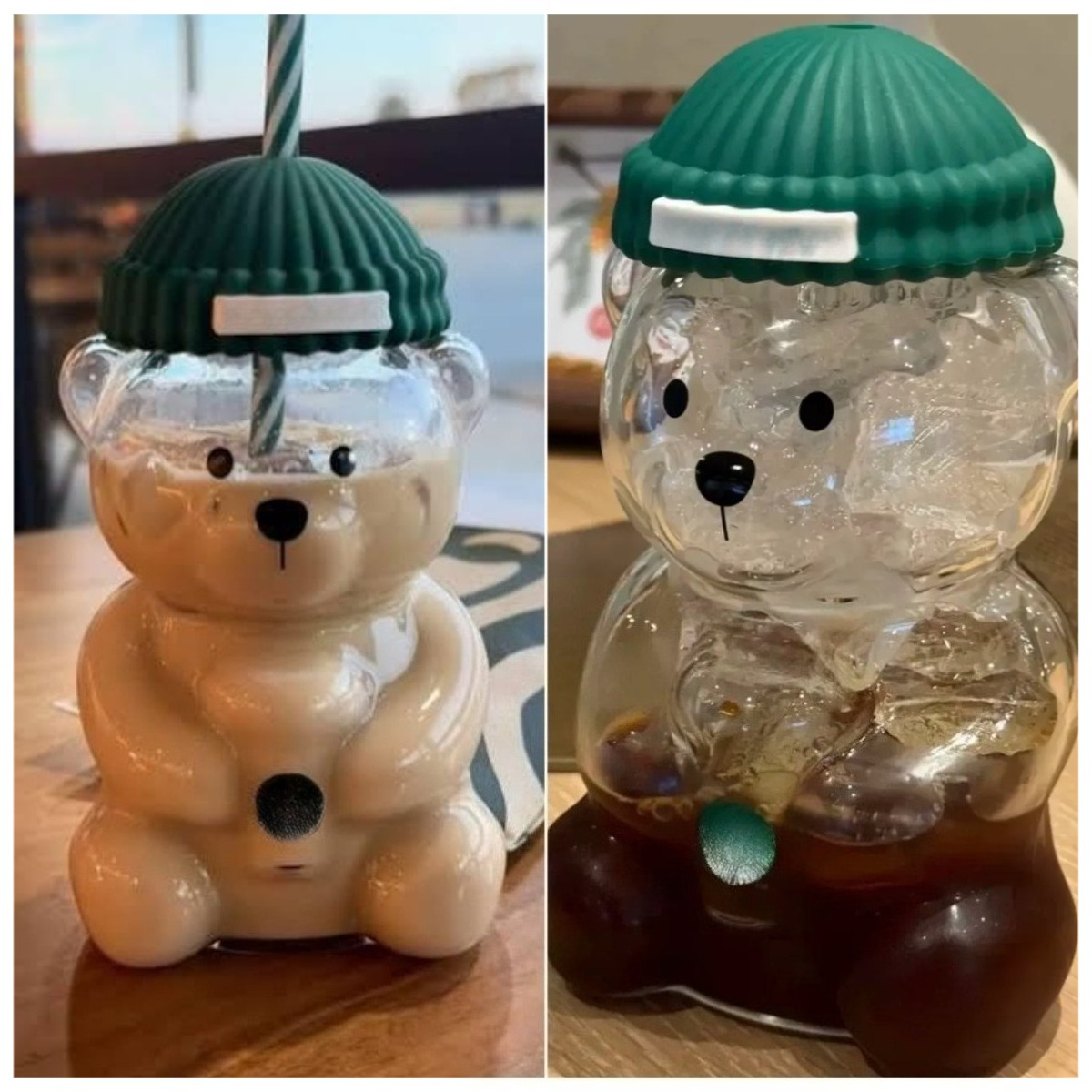 20oz Glass Green Bear Cup With Straw Cute Transparent Tumblers With Hat lid For Iced Coffee Cold Cups Christmas New Year Gift Designer Bearista water bottle