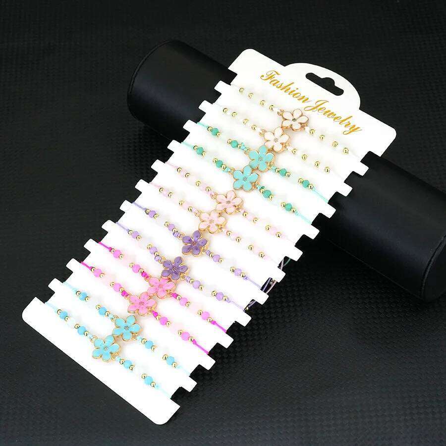 12pcs/Dozen Delicate Flower Women Bracelet Kids Jewelry Adjustable Braided Thin Rope Beaded Braclet Friendship Gift 25T1226