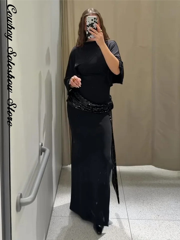 Women Backless Sequin Patchwork Maxi Dress Elegant Wide Sleeve Long Gowns Feminine Fashion Evening Party Daily Robes 2025 251225