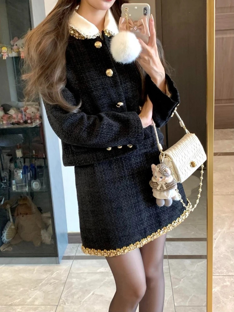 Winter Korean Fashion Womens Two Pieces Set Blazer and Skirt Slimming Button Office Lady Casual Tweed Suit Female Clothing 251211