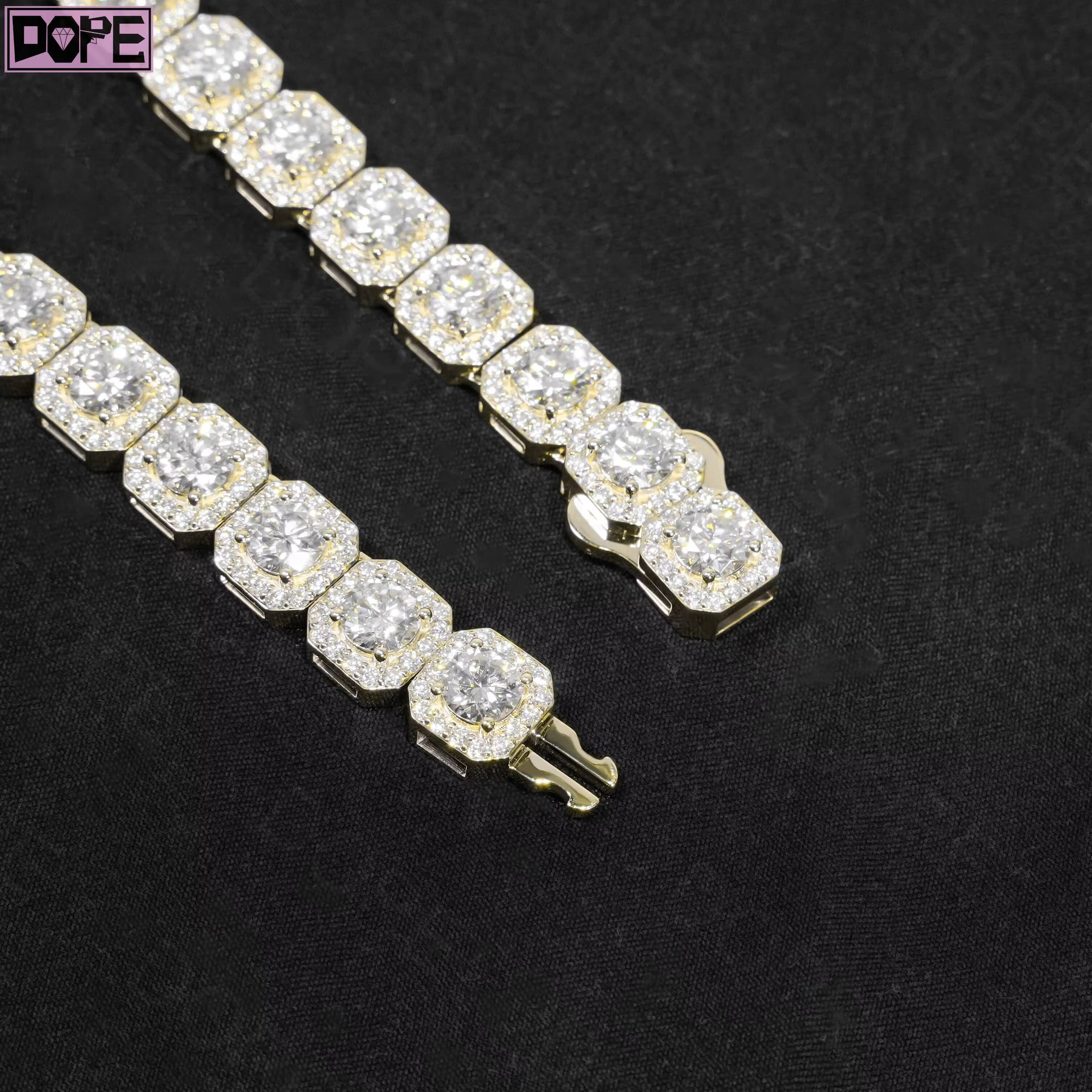 10mm Moissanite Chain 925 Silver 10k Gold Plated Cluster VVS Iced Out Men Women Moissanite Tennis Chain