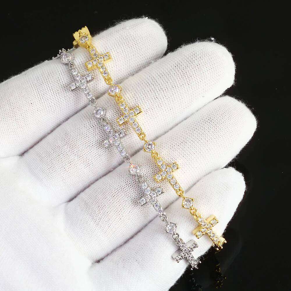 jewelry Luxury Gold Plated 5MM Iced Out Chain Bracelet Elastic Clasp Small Cross Design Bling Zircon Stones Fine Jewelry