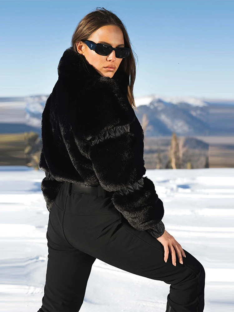 Women Fuax Fur Splicing Zipper Jumpsuit Long Sleeved Solid Color Waistband warm Jacket Fashion Winter Ski Sportswear 251225