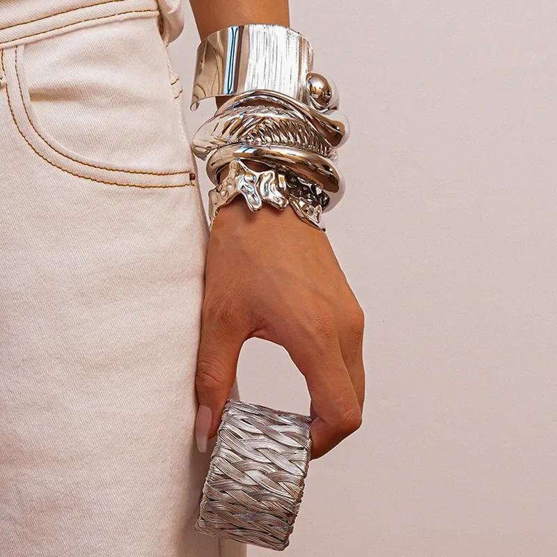 Multistyle Silver Color Metal Bangles Hollow Woven Irregular Wide Spring Open Cuff Bracelets Daily Steampunk Hand Jewelry F 251219