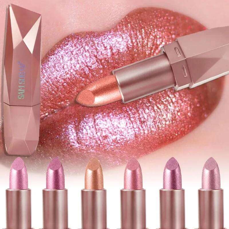 Metallic Lipstick Longlasting Glitter Pink Red Glaze Waterproof Moisturize Pearlescent Tint Sparkling Lip Gloss Makeup 25H1226