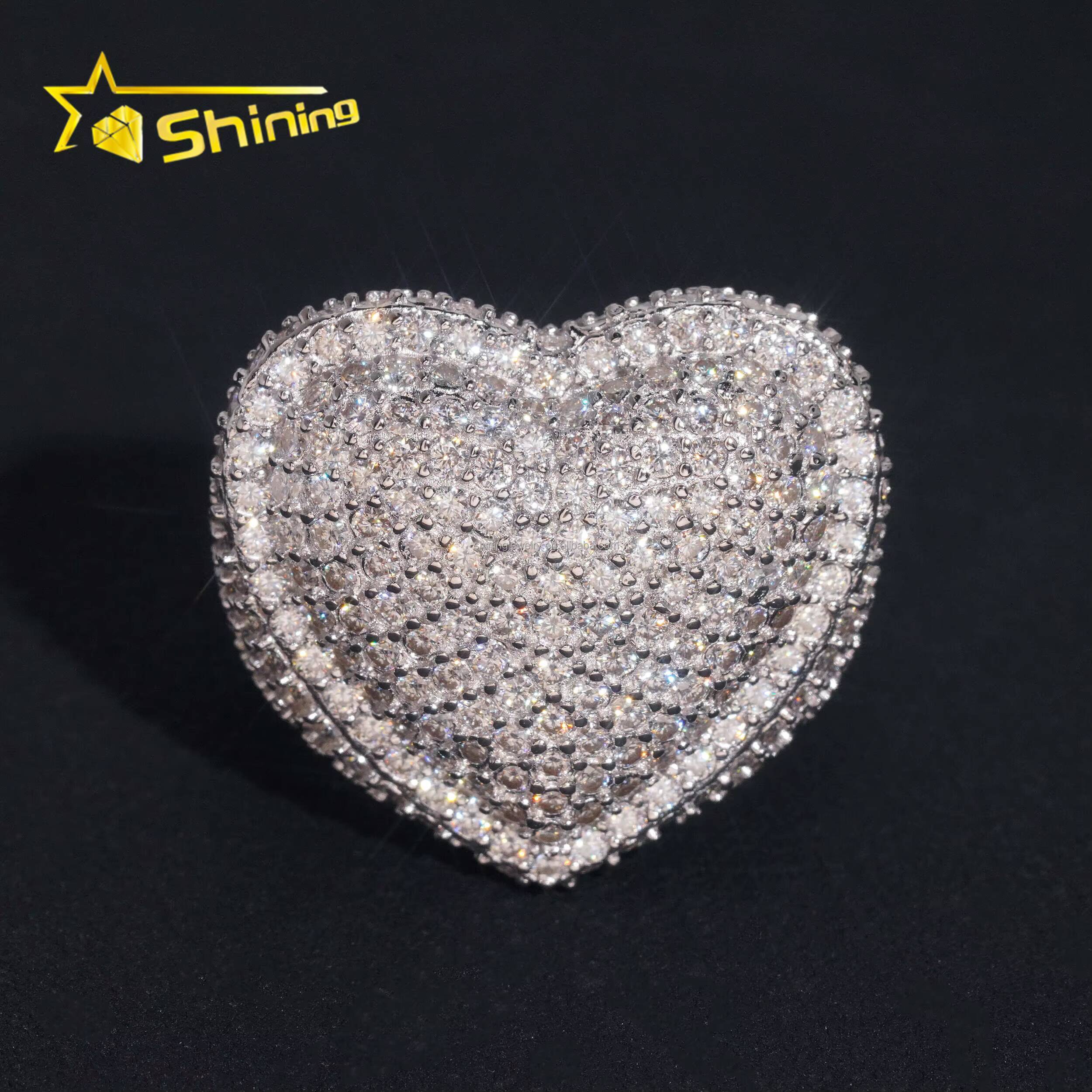 Bulk Stock New Arrivals Drop Shipping Hip Hop Fire Jewelry S925 Solid Silver Fully Iced Out VVS1 Moissanite Diamond Heart Ring