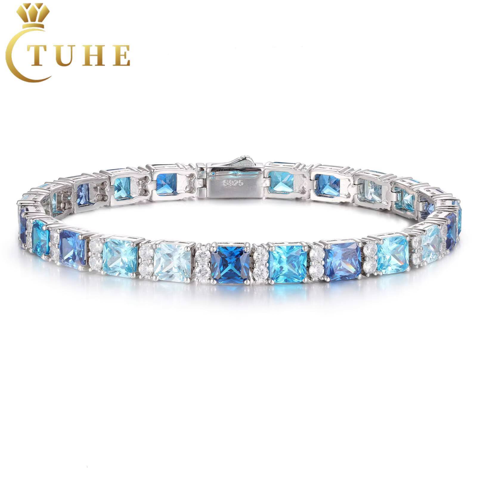 Fashion Gradient Color 6mm 925 Sterling Silver VVS Moissanite Diamond Blue Princess Cut CZ Cluster Tennis Bracelet