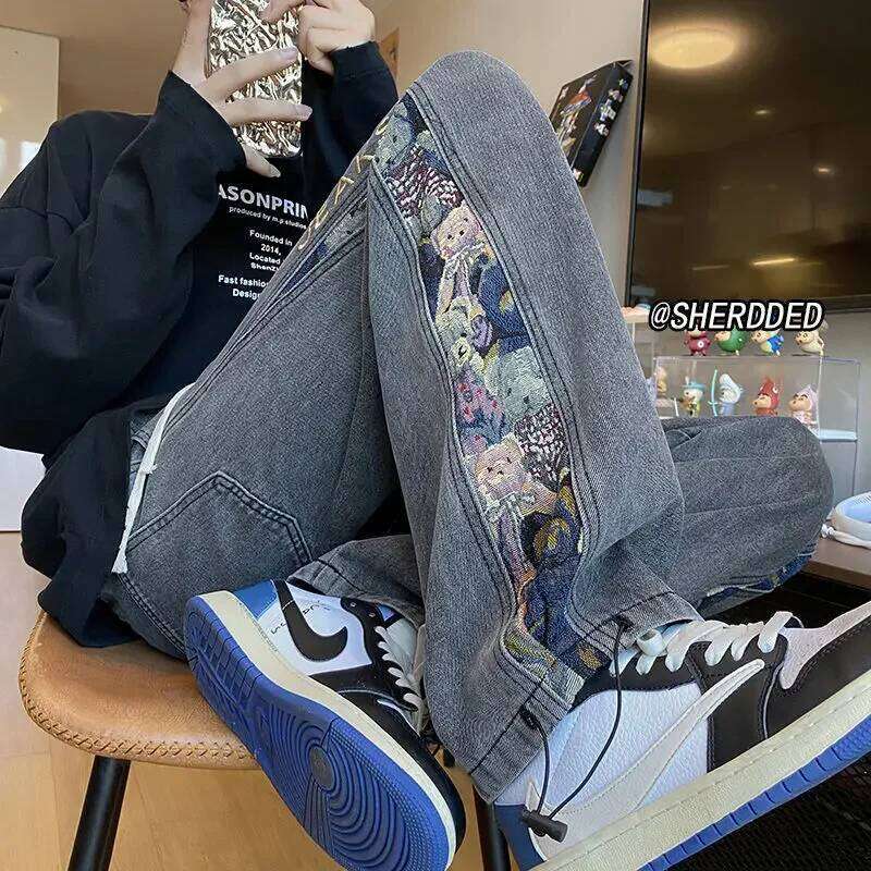 2023 Embroidered Bear Jeans Men's Spring Fall Straight Loose Plus Wide Leg Fashion Brand American High Street Casual Pants