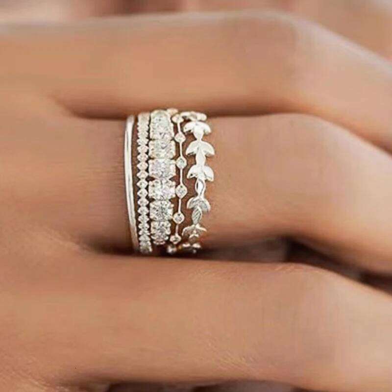 Huitan Statement 5Pcs Rings for Women Detachable Wear Lady Jewelry Set Silver Color/Gold Color Luxury Female Finger Accessories