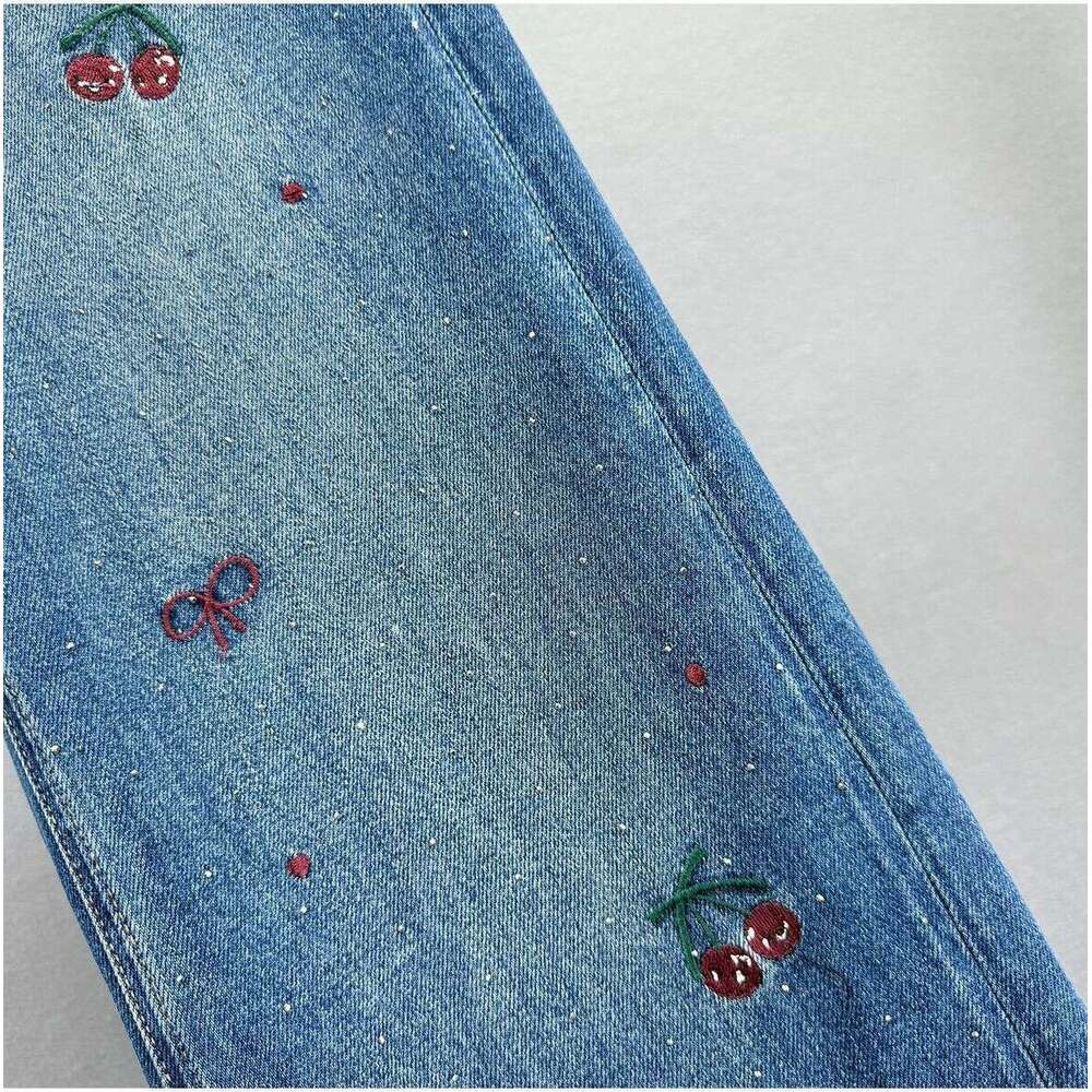 Embroidered Rhinestone Denim Wide-Leg For Women Autumn New High-Waisted Loose Slimming Ins Hong Kong Style Extended Pants