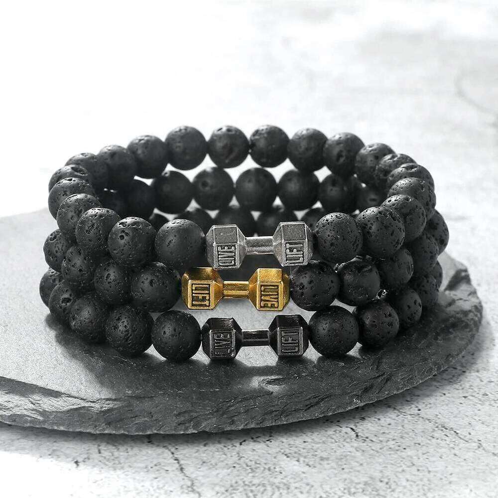 Natural Black Volcanic Lava Stone Dumbbell Bracelet black Matte Beads Bracelets For Women Men Fitness Barbell Jewelry Pulseras 25T1226