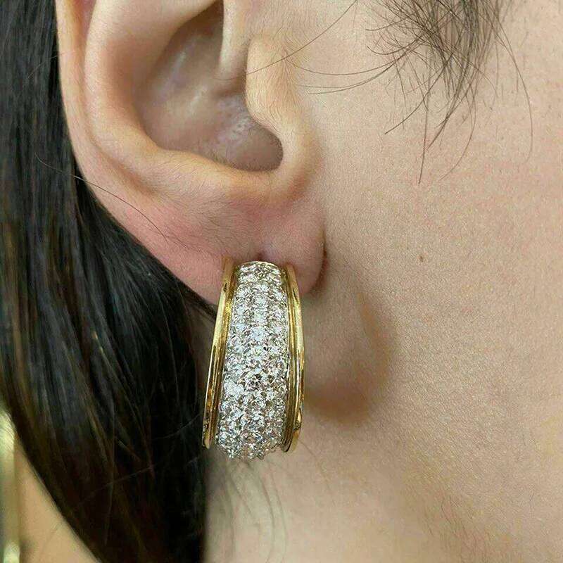 Huitan Trendy Two Tone Hoop Earrings Full Cubic Zirconia Luxury Ear Accessories for Women Daily Wear Fashion Versatile Jewelry