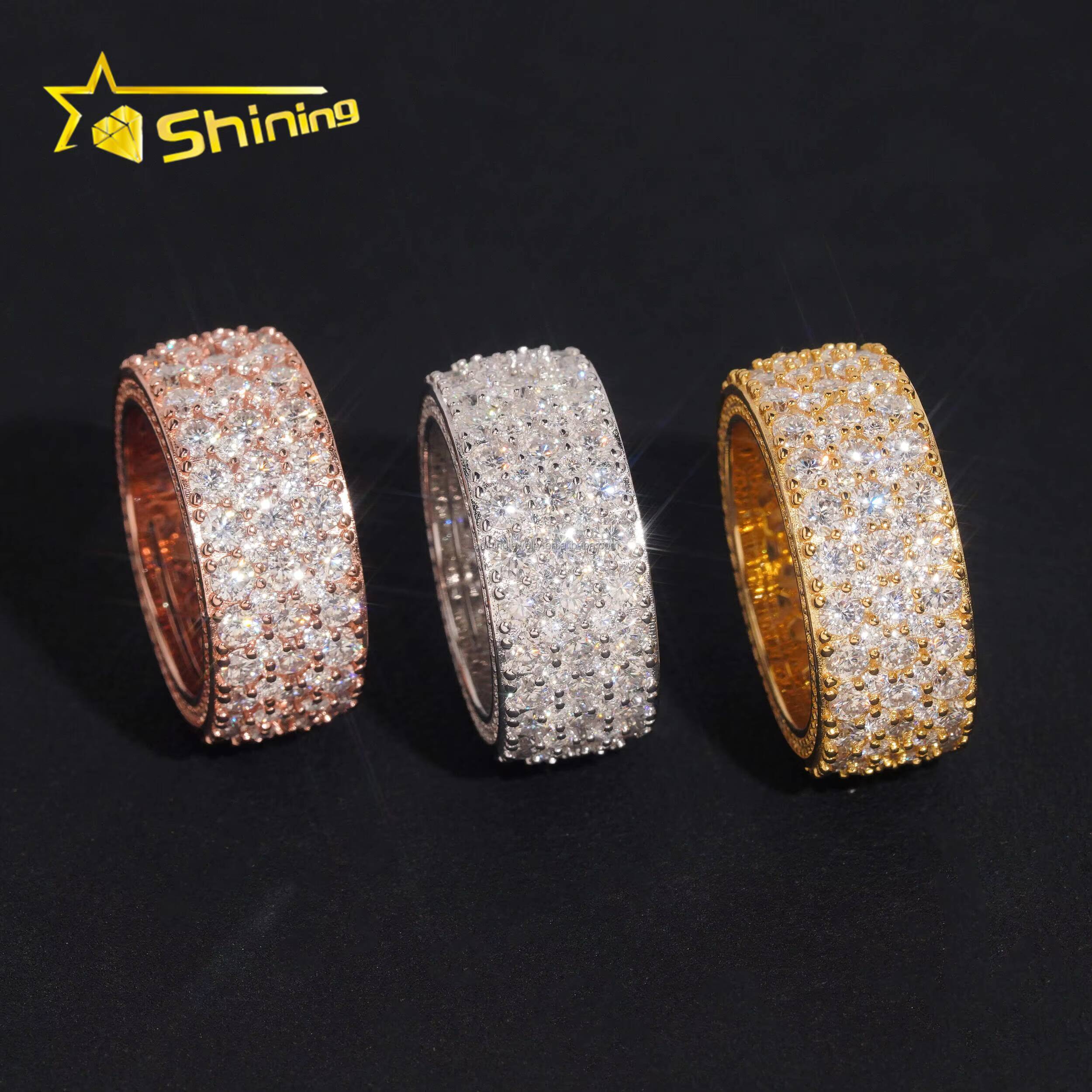New Arrivals Bulk Stock 3Rows Stone Iced Out Jewelry Engagement Rings 925 Silver Jewelry Moissanite Diamond Eternity Band Ring